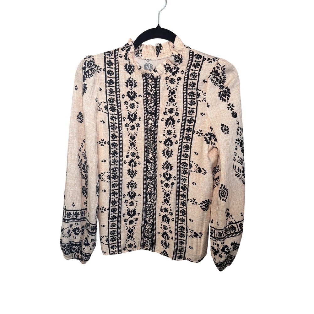 Damask Floral Ruffle Neck Boho Cottagecore Women Blouse S Beige Black - Picture 2 of 11